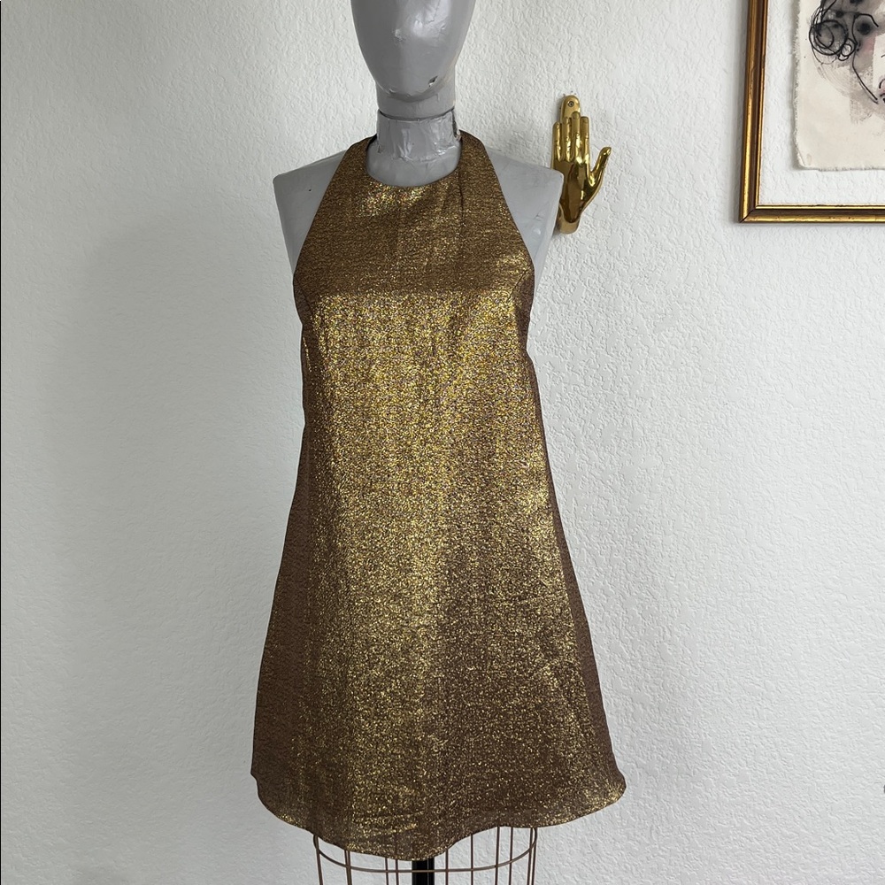 Alice + Olivia Harrison Lame Flared Exposed Back Mini A Line Gold Metallic Dress